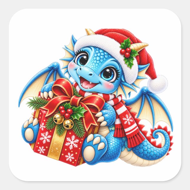 Autocollant de dragon de Noël bleu mignon (Devant)