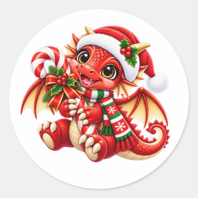 Autocollant de dragon de Noël rouge mignon (Devant)