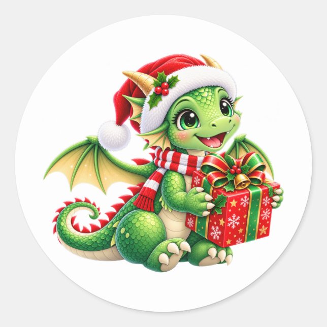 Autocollant de dragon de Noël vert mignon (Devant)