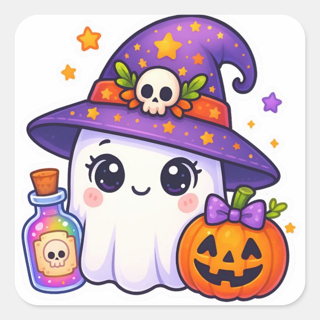 Autocollant de fantôme de sorcière mignon d'Hallow (Devant)