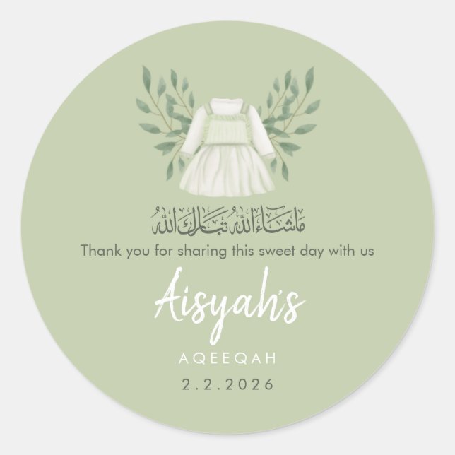 Autocollant de faveur d'Aqiqah vert sauge - Étique (Devant)
