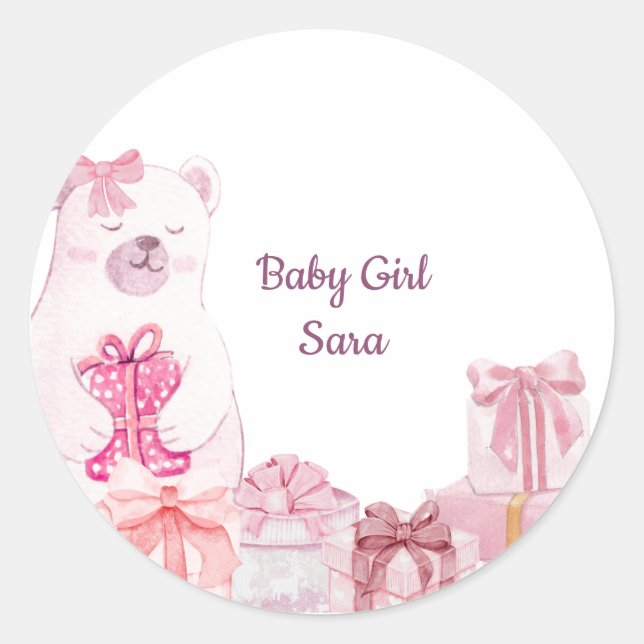 Autocollant de faveur de Baby Shower Ourson Rose (Devant)