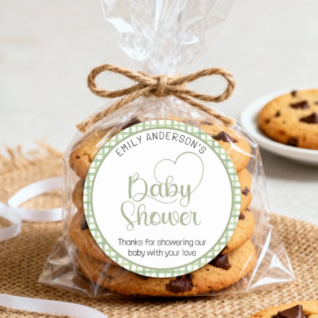 Autocollant de faveur de Baby Shower Sage Gingham (Baby Shower Sticker)