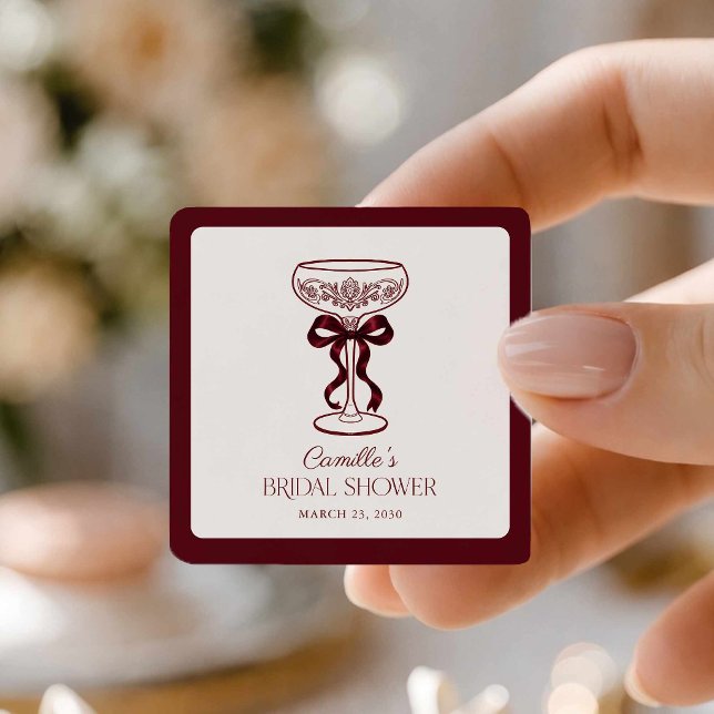 Autocollant de faveur de douche de mariée à ruban  (Burgundy Bow Champagne Bridal Shower Sticker)