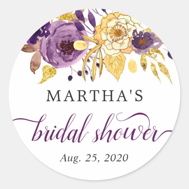 Autocollant de Faveur de Mariage Floral Or Violet (Devant)
