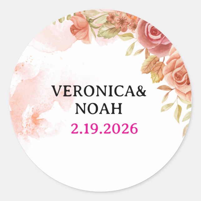Autocollant de faveur de mariage floral rose (Devant)