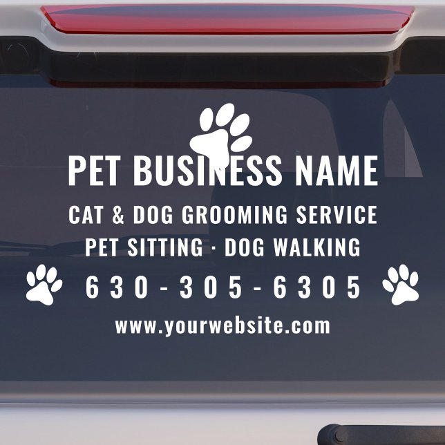 Autocollant de fenêtre pour le toilettage moderne  (Modern pet grooming car window decal with pet paw logo, services offered and phone number in white.)