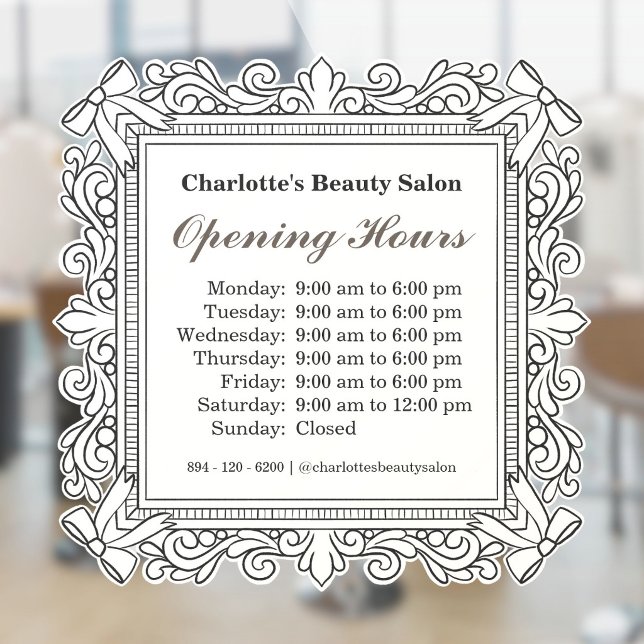 Autocollant de fenêtre pour les heures d'ouverture (Ivory Ornate Bow Frame Opening Hours Window Cling)