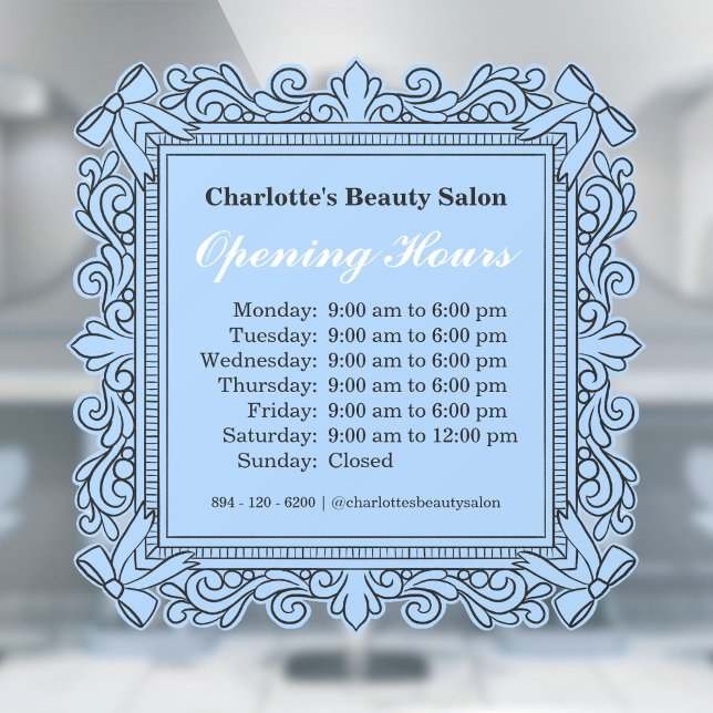 Autocollant de fenêtre pour les heures d'ouverture (Blue Ornate Bow Frame Opening Hours Window Cling)