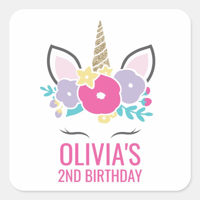 Autocollant de fête d'anniversaire Licorne floral  (Devant)