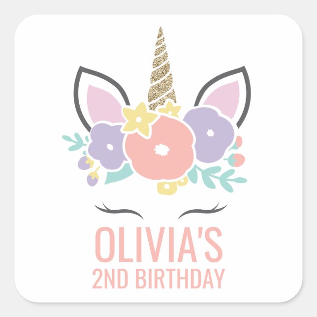 Autocollant de fête d'anniversaire Licorne floral  (Devant)