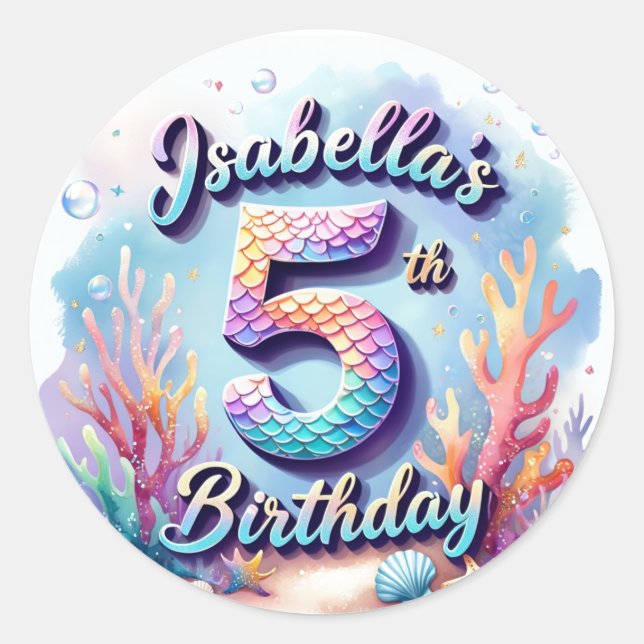 Autocollant de fête d'anniversaire Sirène – Nom et (Devant)