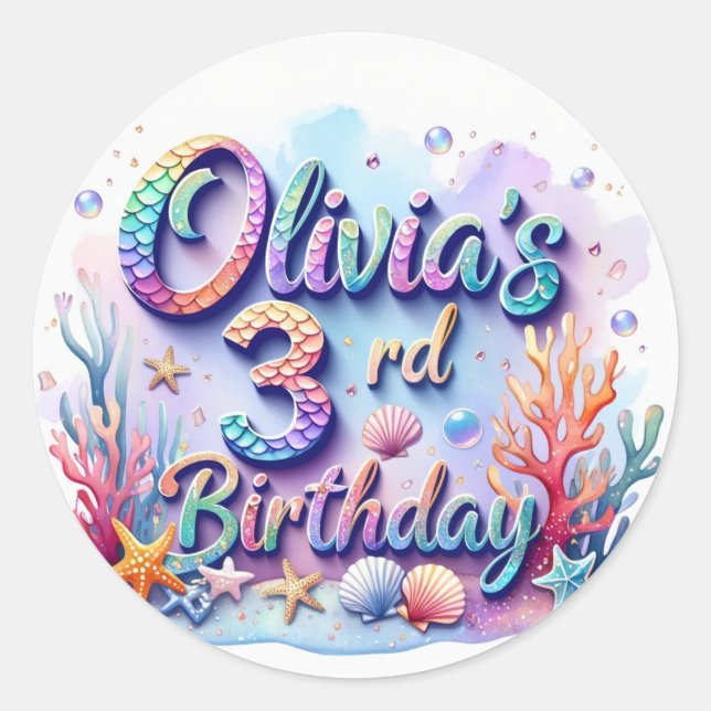 Autocollant de fête d'anniversaire Sirène – Nom et (Devant)