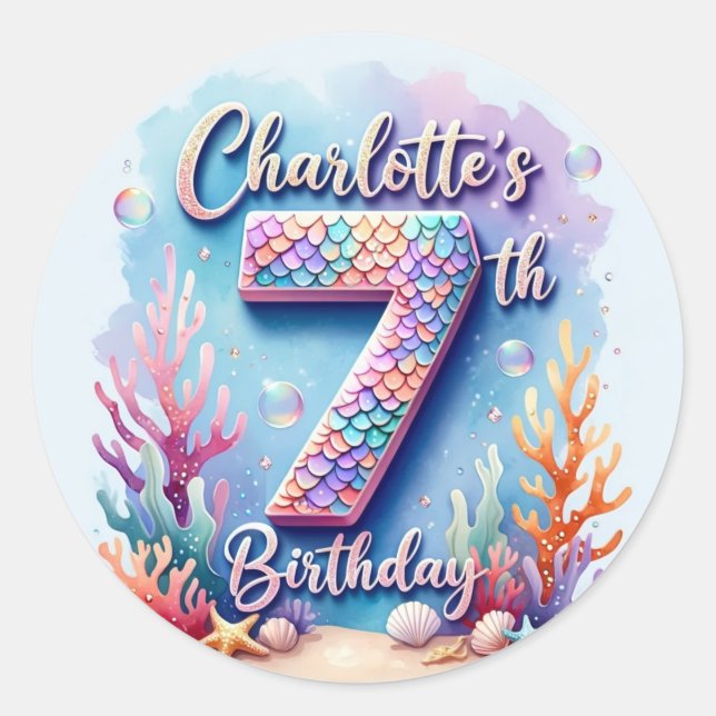Autocollant de fête d'anniversaire Sirène – Nom et (Devant)