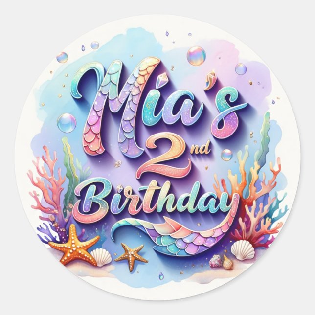Autocollant de fête d'anniversaire Sirène – Nom et (Devant)