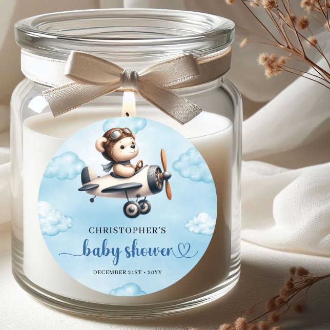 Autocollant de fête de bébé garçon unique Teddy bl (Unique Boy Baby Shower Sticker Blue Brown Teddy Bear Aviator

)