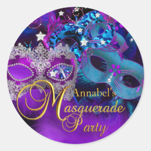 Autocollant de fête mascarade violet rose et masqu