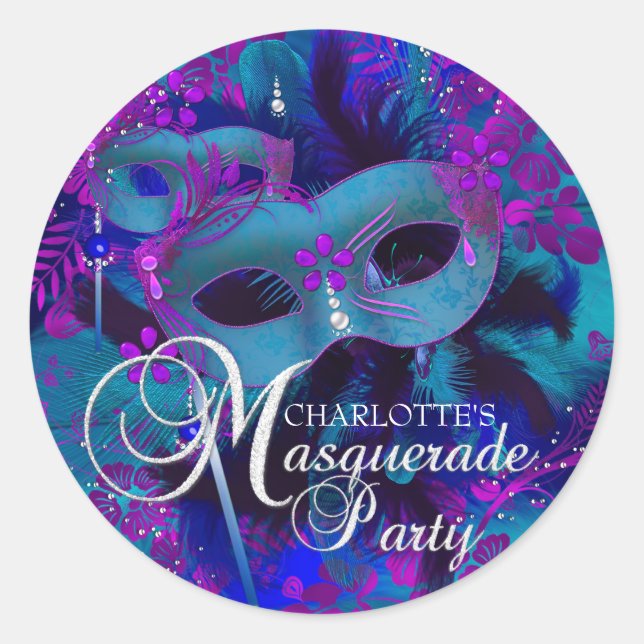 Autocollant de fête masquée florale violet et sarc (Devant)