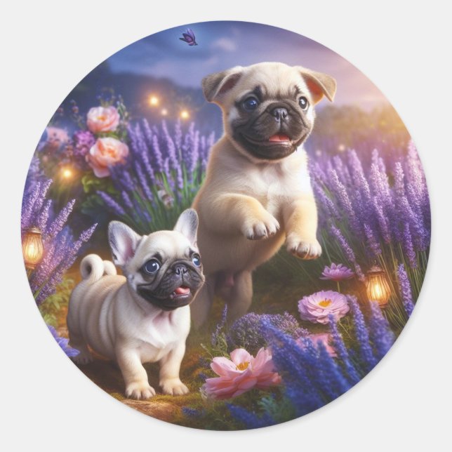 Autocollant de jardin Pug et Frenchie fantaisiste (Devant)
