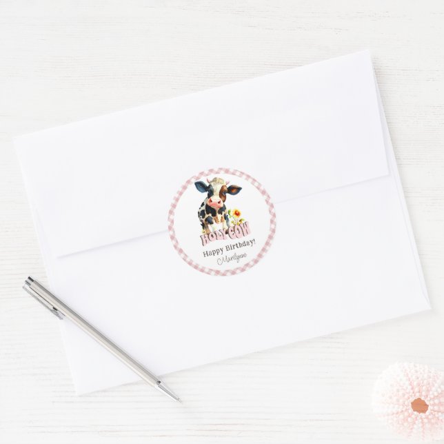 Autocollant de joyeux anniversaire rose vache mign (Enveloppe)