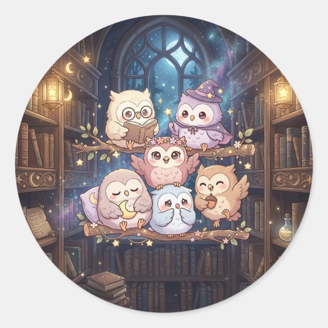 Autocollant de la bibliothèque du chouette mignon (Devant)