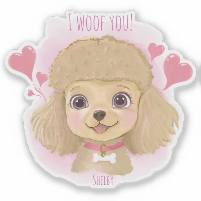 Autocollant de la Saint-Valentin Caniche avec nom  (Devant)