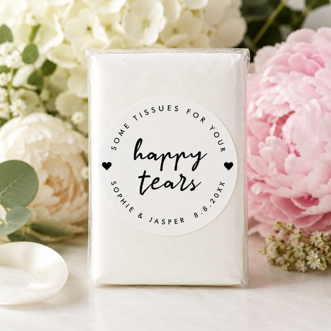 Autocollant de larmes de joie | Étiquette de mouch (Personalized happy tears tissue packet sticker for wedding ceremony guests and favors.)