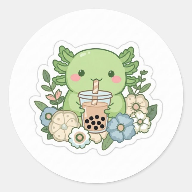 Autocollant de l'axolotl vert Kawaii mignon buvant (Devant)