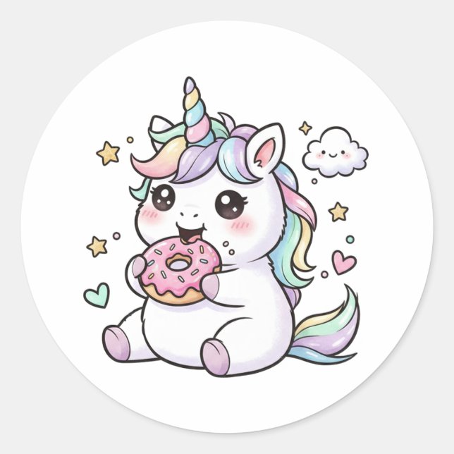 Autocollant de licorne kawaii mignonne mangeant un (Devant)
