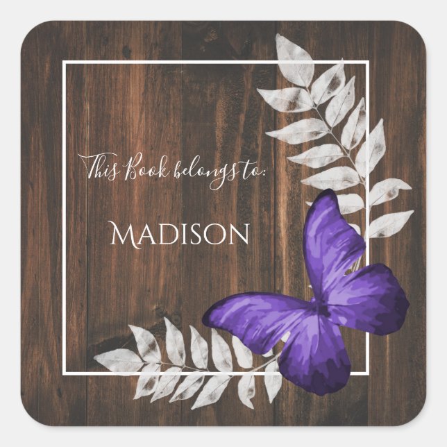 Autocollant de livre de papillon violet rustique (Devant)