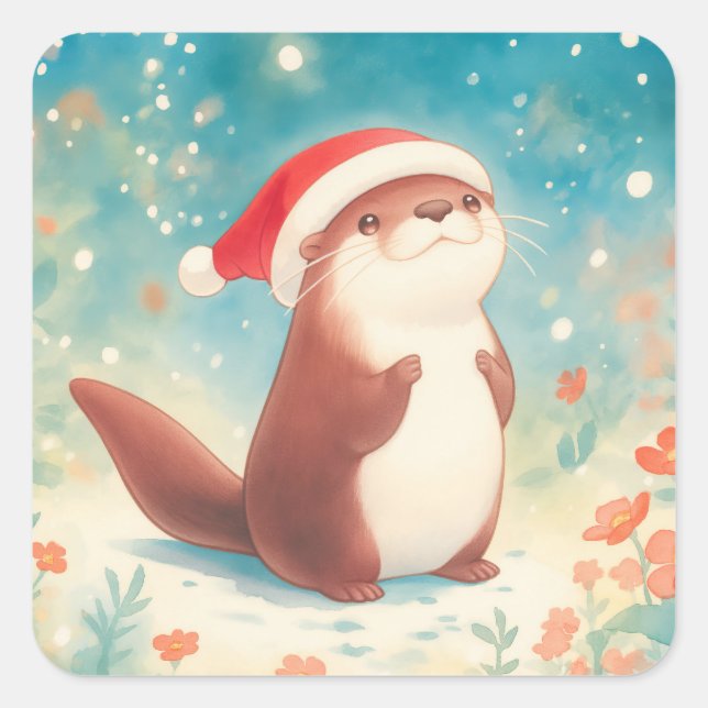 Autocollant de loutre mignonne de Noël avec chapea (Devant)
