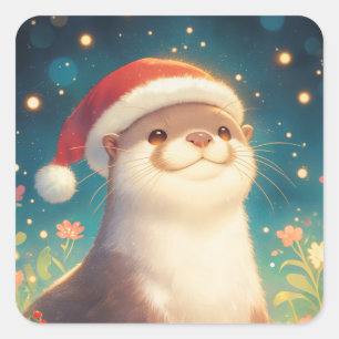 Autocollant de loutre mignonne de Noël avec chapea