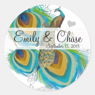 Autocollant de mariage 3 plumes de paon Aqua Grey