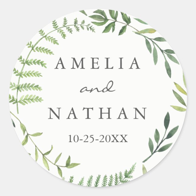 Autocollant de mariage à couronne de feuilles aqua (Devant)