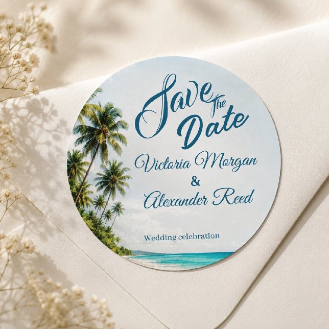 Autocollant de mariage à date fixe de plage tropic (Créateur téléchargé)