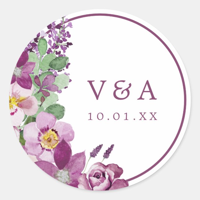 Autocollant de mariage à monogramme violet (Devant)