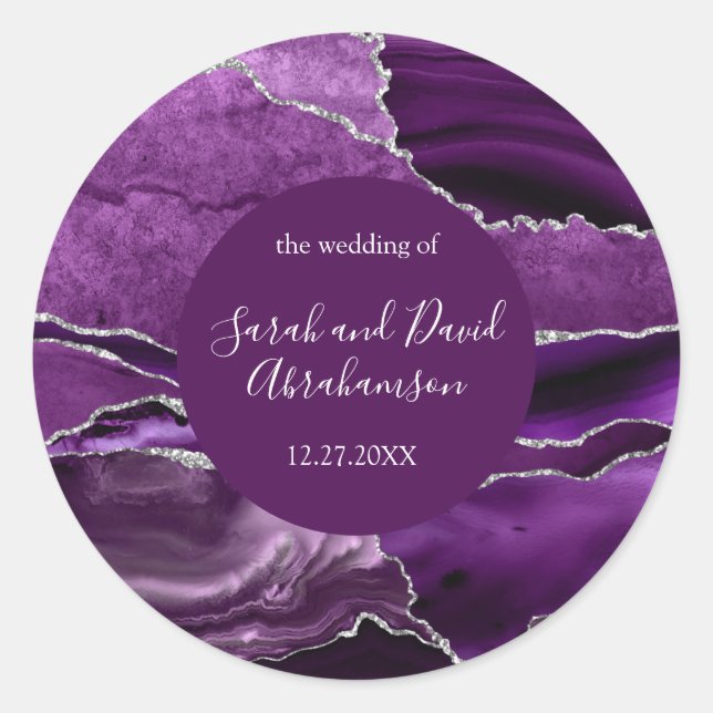 Autocollant de mariage agate pailleté violet et ar (Devant)