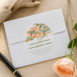 Autocollant de mariage aux roses pêche et bois flo