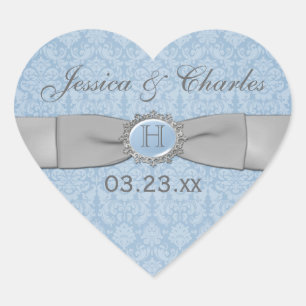 Autocollant de mariage bleu vintage, damassé gris