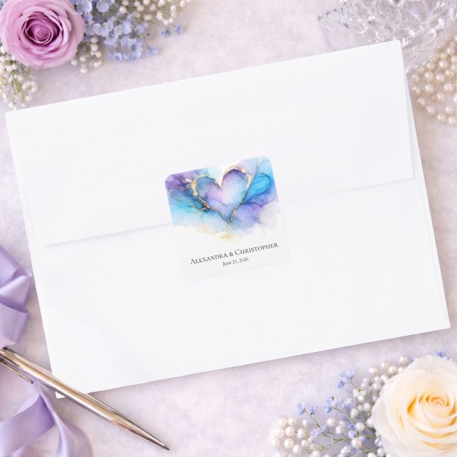 Autocollant de mariage coeur abstrait bleu violet  (Créateur téléchargé)