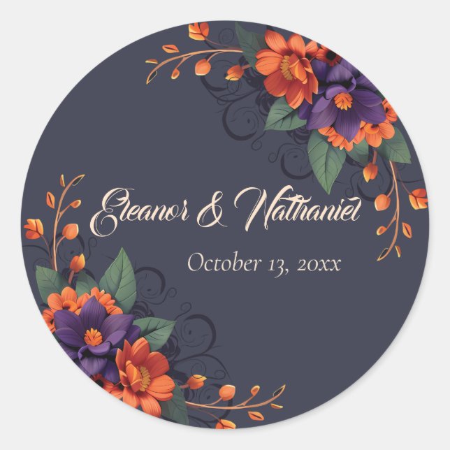Autocollant de mariage crâne floral gothique éléga (Devant)
