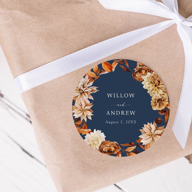Autocollant de mariage d'automne bleu marine (Navy Blue Fall Floral Wedding Sticker by Painted Paperie
)