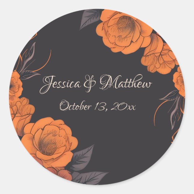 Autocollant de mariage élégant aux fleurs orange (Devant)