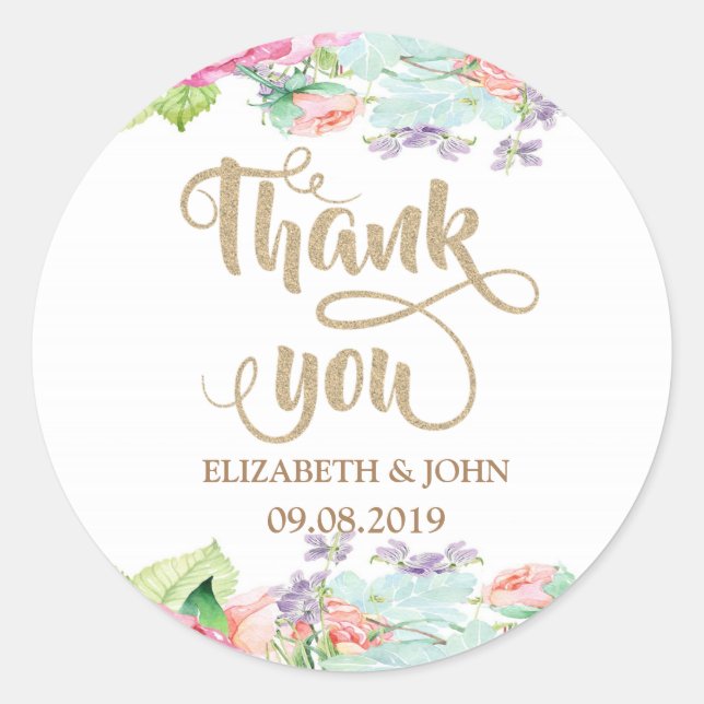 Autocollant de mariage élégant Fleurs à l'aquarell (Devant)