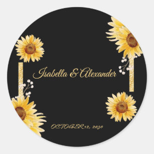 Autocollant de mariage élégant Tournesol Noir Or
