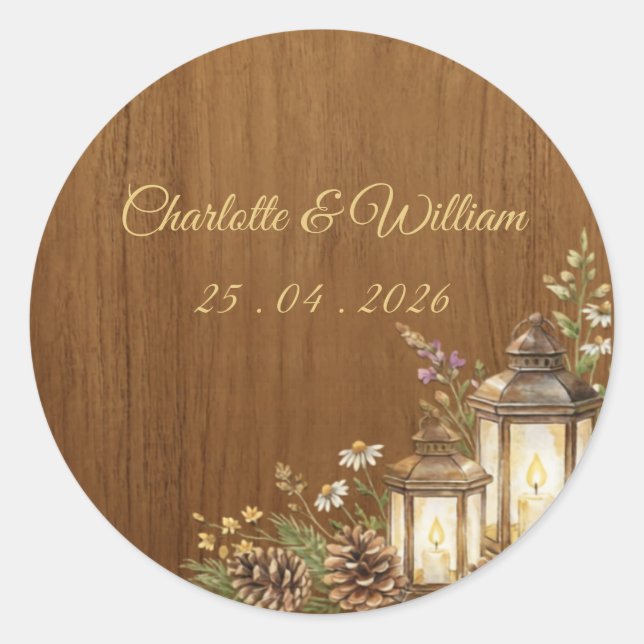 Autocollant de mariage en bois rustique pour envel (Devant)