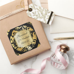 Autocollant de mariage en damas noir et or