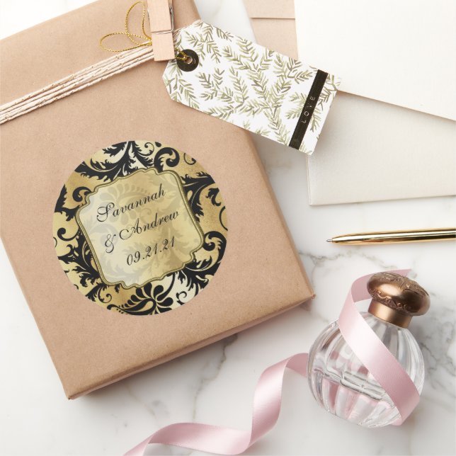 Autocollant de mariage en damas noir et or (Cadeaux)