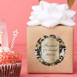 Autocollant de mariage en damas noir et or