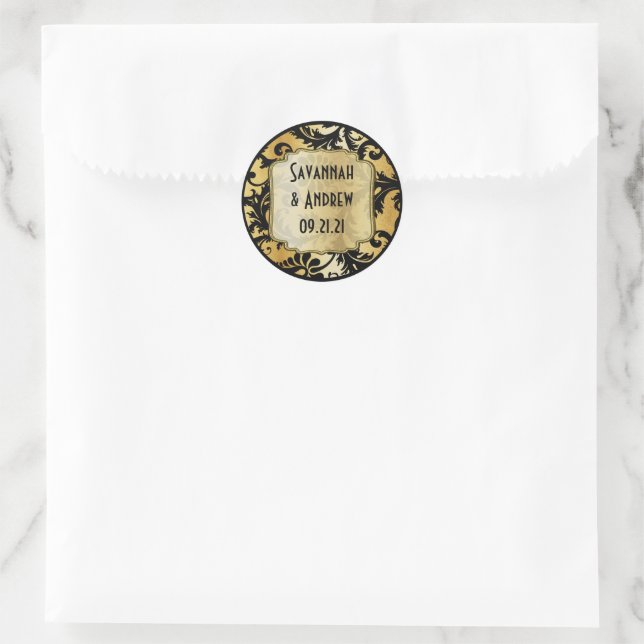 Autocollant de mariage en damas noir et or (Sac)